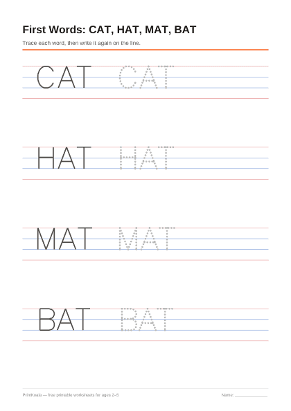 Preview of the First Words: CAT, HAT, MAT, BAT printable worksheet