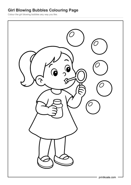 Preview of the Girl Blowing Bubbles Colouring Page printable worksheet