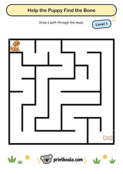Preview of the Help the Puppy Find the Bone — Level 1 printable worksheet