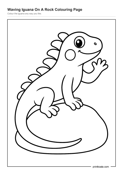 Preview of the Waving Iguana On A Rock Colouring Page printable worksheet