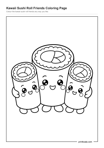 Preview of the Kawaii Sushi Roll Friends Coloring Page printable worksheet