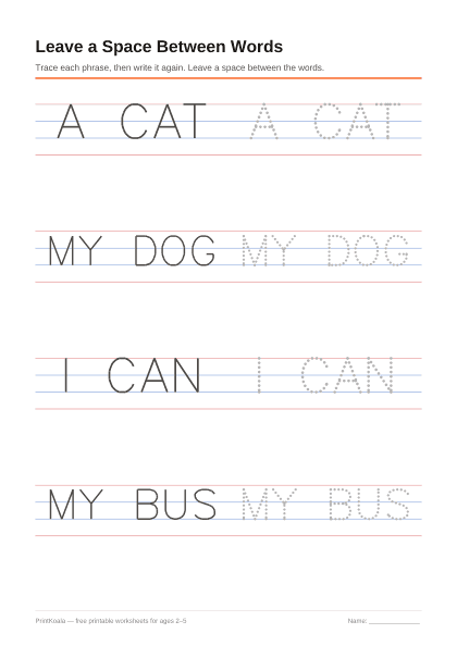 Preview of the Leave a Space Between Words printable worksheet