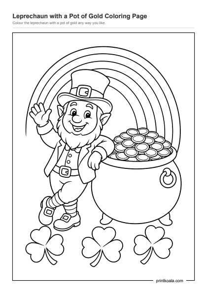 Preview of the Leprechaun with a Pot of Gold Coloring Page printable worksheet
