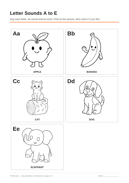 Preview of the Letter Sounds A to E printable worksheet