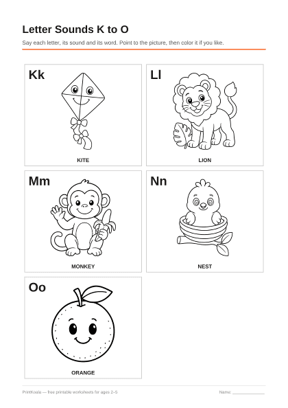 Preview of the Letter Sounds K to O printable worksheet