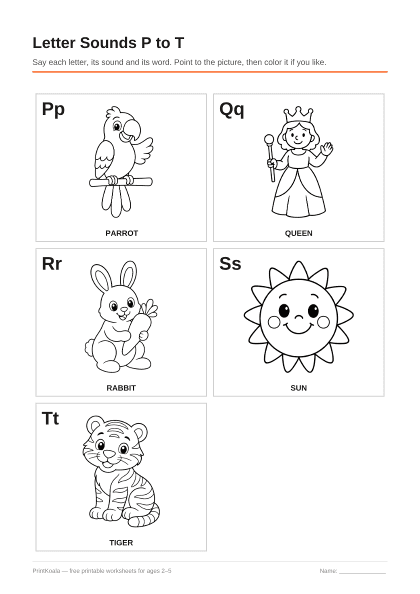 Preview of the Letter Sounds P to T printable worksheet