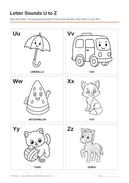 Preview of the Letter Sounds U to Z printable worksheet