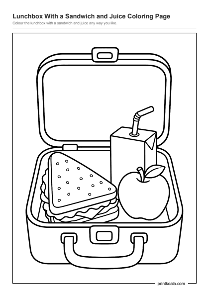 Preview of the Lunchbox With a Sandwich and Juice Coloring Page printable worksheet