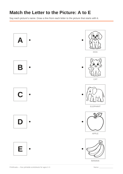 Preview of the Match the Letter to the Picture: A to E printable worksheet