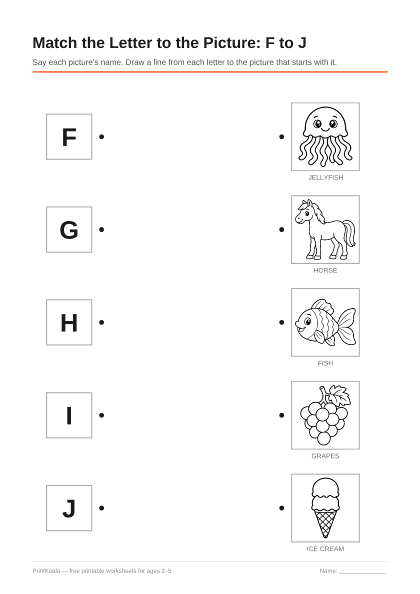 Preview of the Match the Letter to the Picture: F to J printable worksheet
