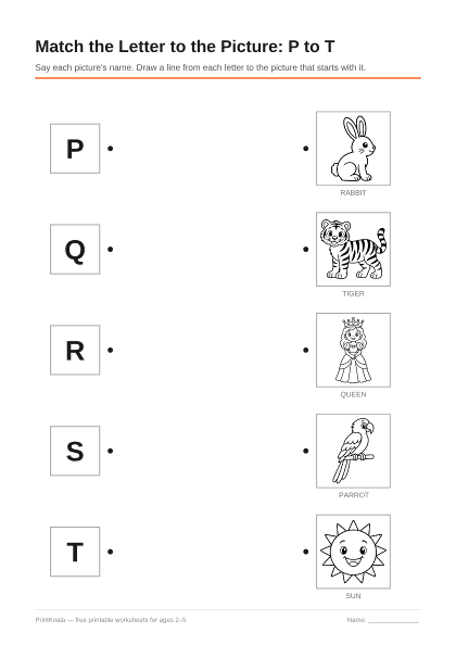 Preview of the Match the Letter to the Picture: P to T printable worksheet