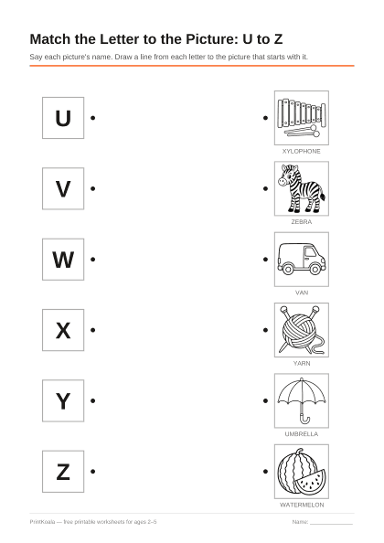 Preview of the Match the Letter to the Picture: U to Z printable worksheet