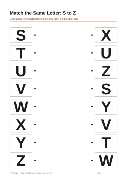 Preview of the Match the Same Letter: S to Z printable worksheet