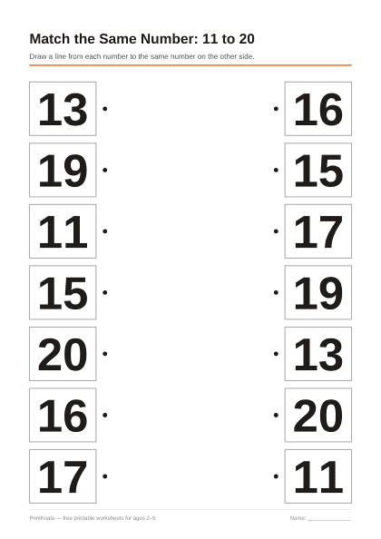 Preview of the Match the Same Number: 11 to 20 printable worksheet