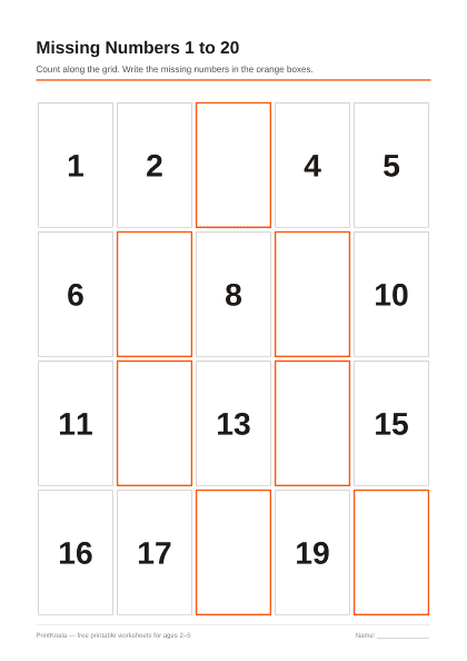 Preview of the Missing Numbers 1 to 20 printable worksheet