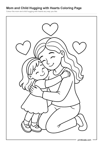 Preview of the Mom and Child Hugging with Hearts Coloring Page printable worksheet
