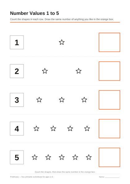 Preview of the Number Values 1 to 5 printable worksheet