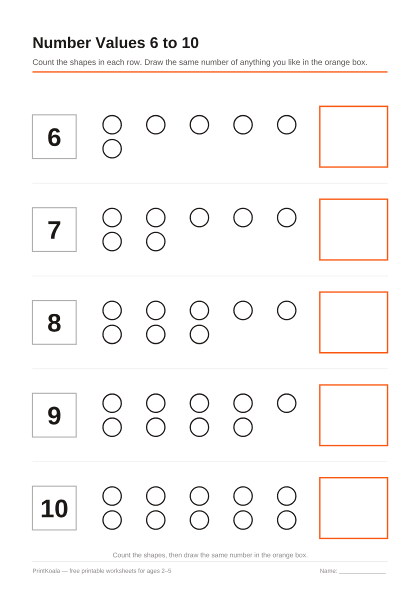 Preview of the Number Values 6 to 10 printable worksheet