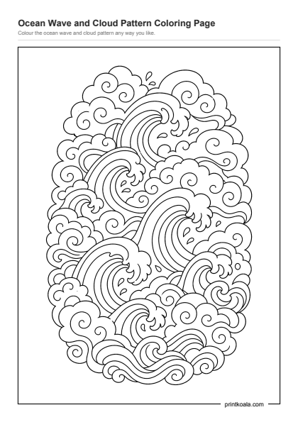 Preview of the Ocean Wave and Cloud Pattern Coloring Page printable worksheet