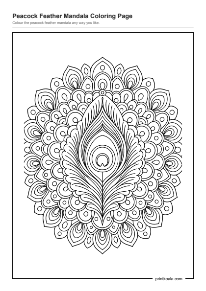 Preview of the Peacock Feather Mandala Coloring Page printable worksheet