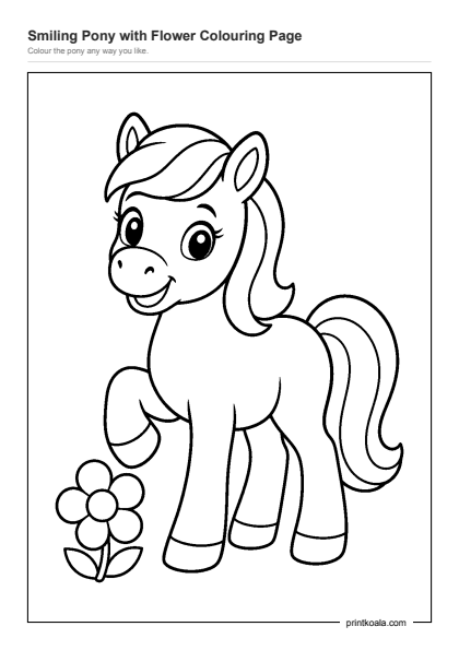 Preview of the Smiling Pony with Flower Colouring Page printable worksheet