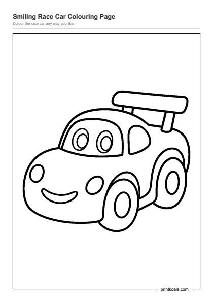 Preview of the Smiling Race Car Colouring Page printable worksheet