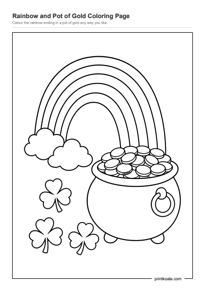 Preview of the Rainbow and Pot of Gold Coloring Page printable worksheet