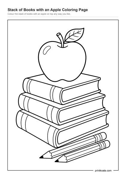 Preview of the Stack of Books with an Apple Coloring Page printable worksheet