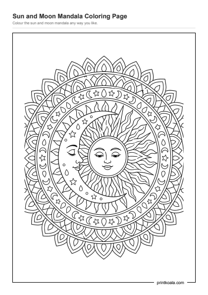 Preview of the Sun and Moon Mandala Coloring Page printable worksheet
