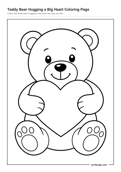 Preview of the Teddy Bear Hugging a Big Heart Coloring Page printable worksheet