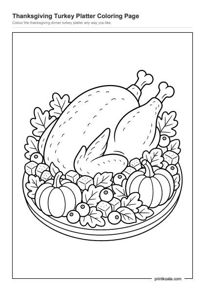 Preview of the Thanksgiving Turkey Platter Coloring Page printable worksheet