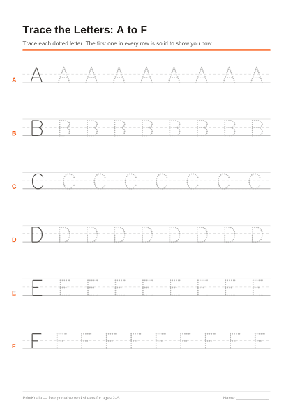 Preview of the Trace Capital Letters A to F printable worksheet