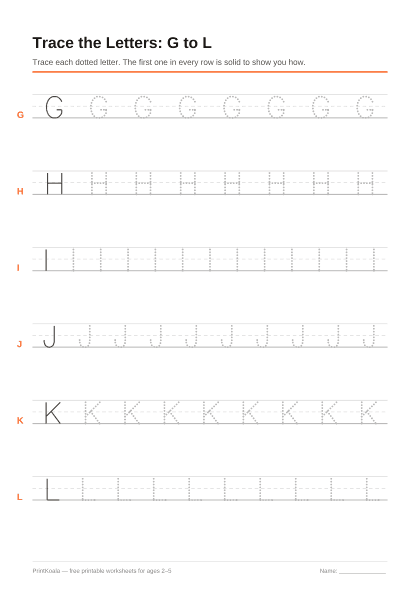 Preview of the Trace Capital Letters G to L printable worksheet