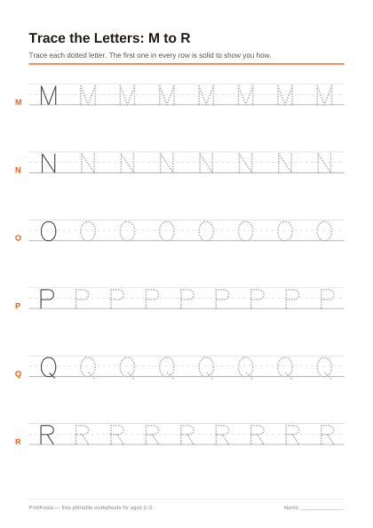Preview of the Trace Capital Letters M to R printable worksheet