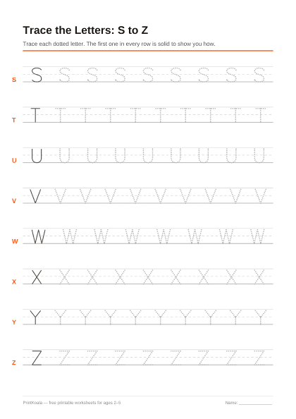 Preview of the Trace Capital Letters S to Z printable worksheet
