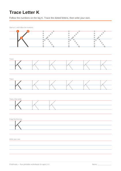 Preview of the Trace Letter K printable worksheet
