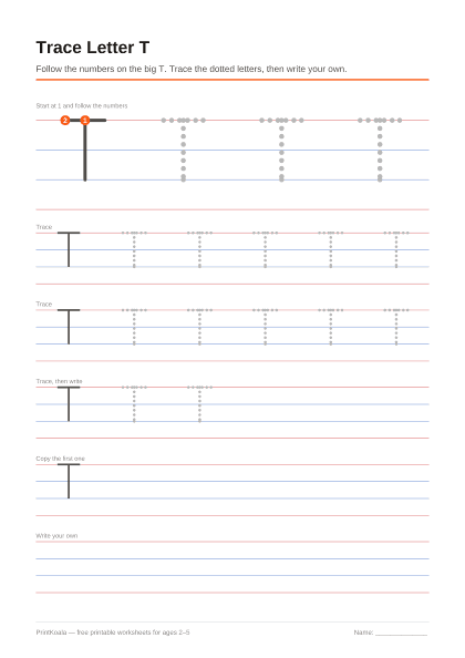 Preview of the Trace Letter T printable worksheet