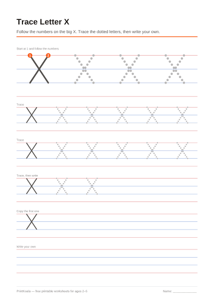 Preview of the Trace Letter X printable worksheet