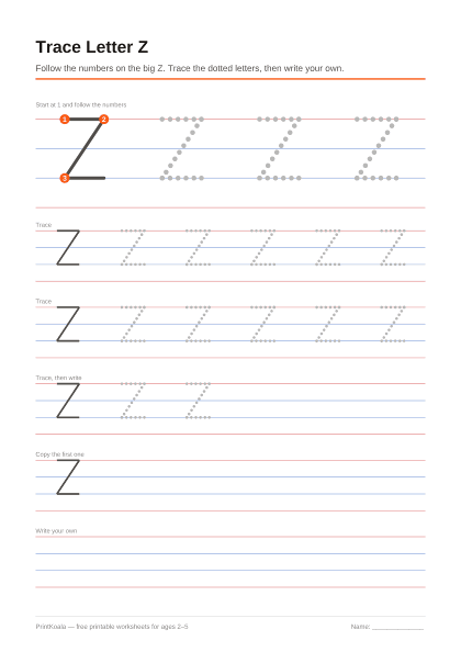 Preview of the Trace Letter Z printable worksheet
