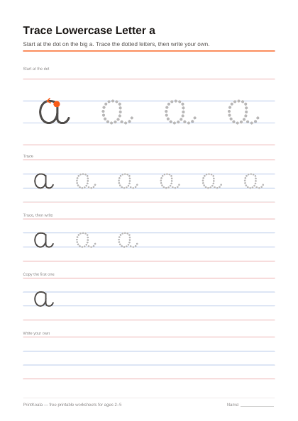 Preview of the Trace Lowercase Letter a printable worksheet