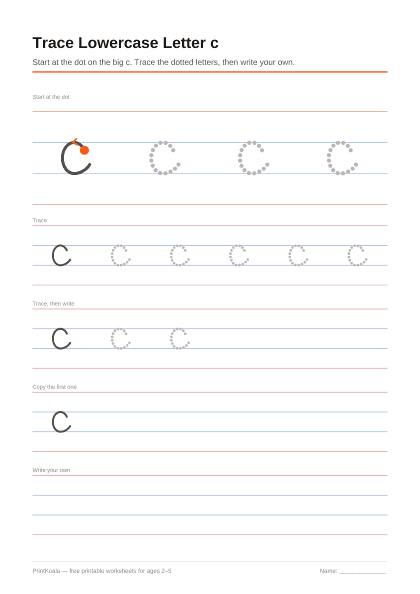 Preview of the Trace Lowercase Letter c printable worksheet