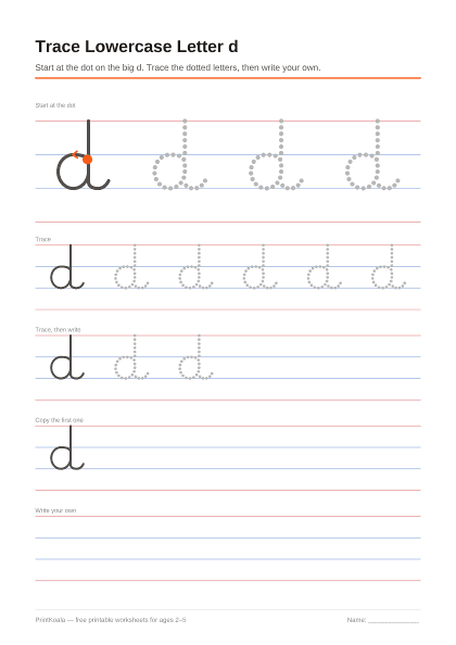 Preview of the Trace Lowercase Letter d printable worksheet