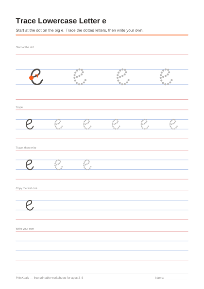 Preview of the Trace Lowercase Letter e printable worksheet