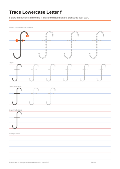 Preview of the Trace Lowercase Letter f printable worksheet