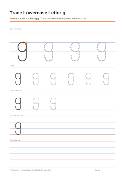 Preview of the Trace Lowercase Letter g printable worksheet