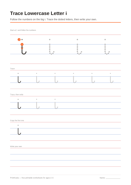Preview of the Trace Lowercase Letter i printable worksheet