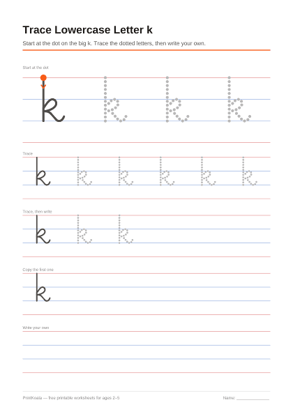 Preview of the Trace Lowercase Letter k printable worksheet