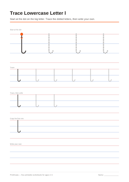 Preview of the Trace Lowercase Letter l printable worksheet