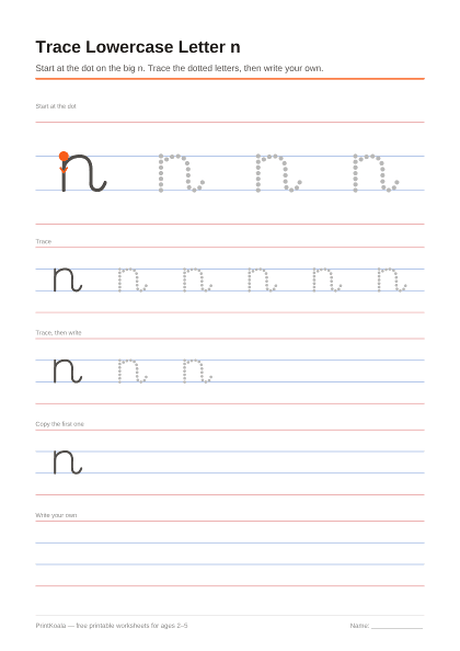 Preview of the Trace Lowercase Letter n printable worksheet