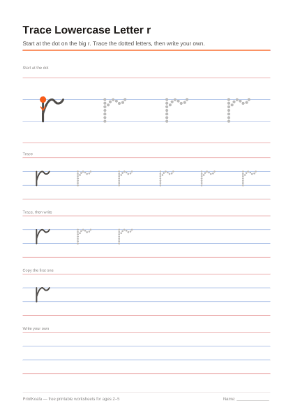 Preview of the Trace Lowercase Letter r printable worksheet